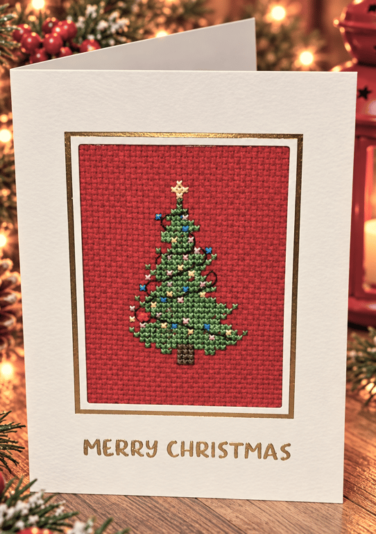 Handmade Cross Stitch Christmas Card – Traditional Decorated Christmas Tree