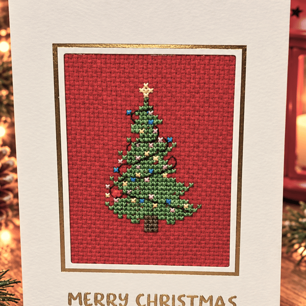 Handmade Cross Stitch Christmas Card – Traditional Decorated Christmas Tree