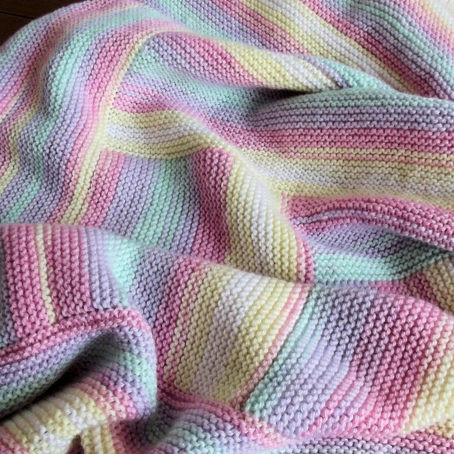 Hand knitted Log Cabin Style Cot Blanket, Pastel Shades, 26 x 33, hm67