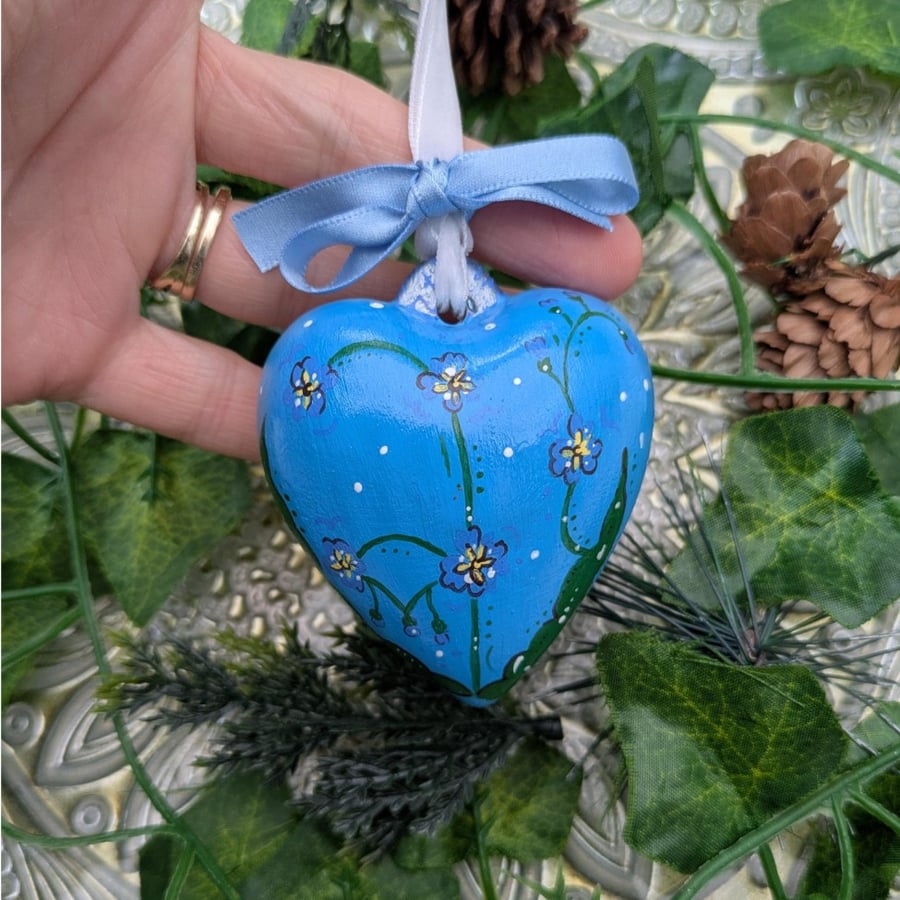 Forget me not hand-painted ceramic heart bauble