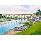 Calstock Viaduct, Cornwall Original Watercolour and Ink Mounted Painting
