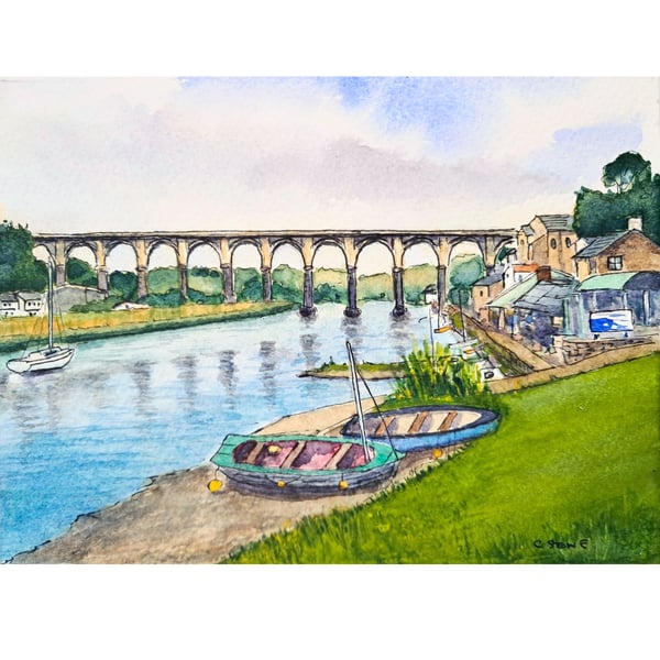 Calstock Viaduct, Cornwall Original Watercolour and Ink Mounted Painting