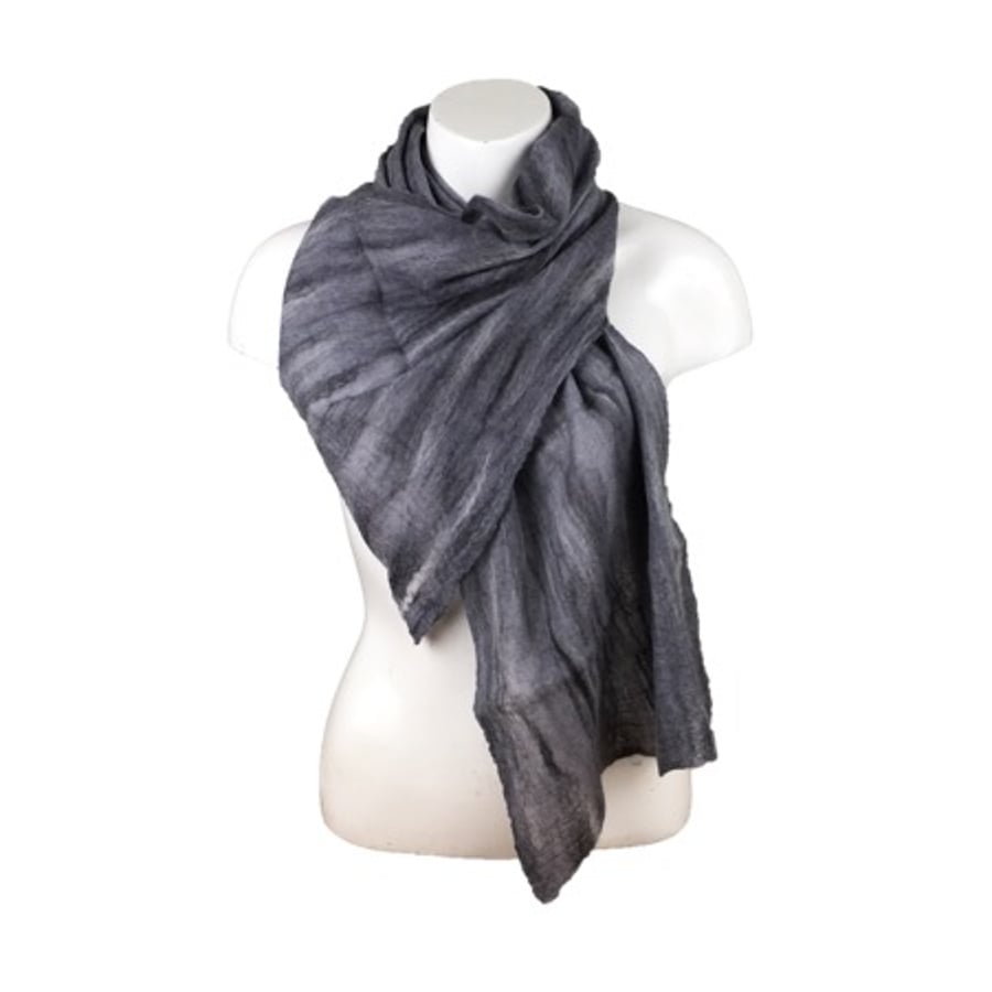 Merino wool on silk nuno felted scarf in black and white, monochrome 