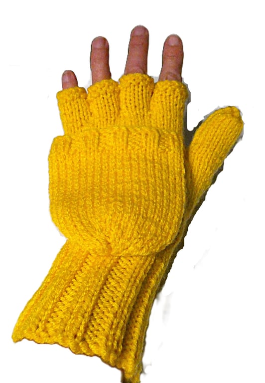 Knitted handmade yellow fingerless gloves that turn into mittens