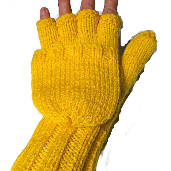 Knitted handmade yellow fingerless gloves that turn into mittens