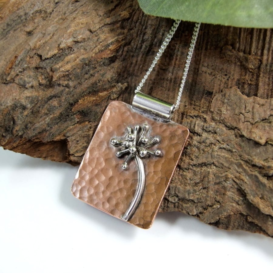 Dandelion Clock Necklace. Seed Head Pendant Sterling Silver & Copper