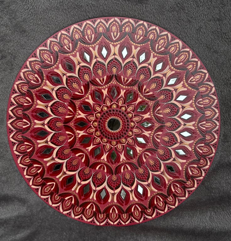 18” Mandala Wall Art, Hand Painted Home Decor - Red and Metallic Bronze Pallete