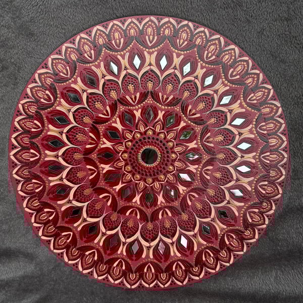18” Mandala Wall Art, Hand Painted Home Decor - Red and Metallic Bronze Pallete