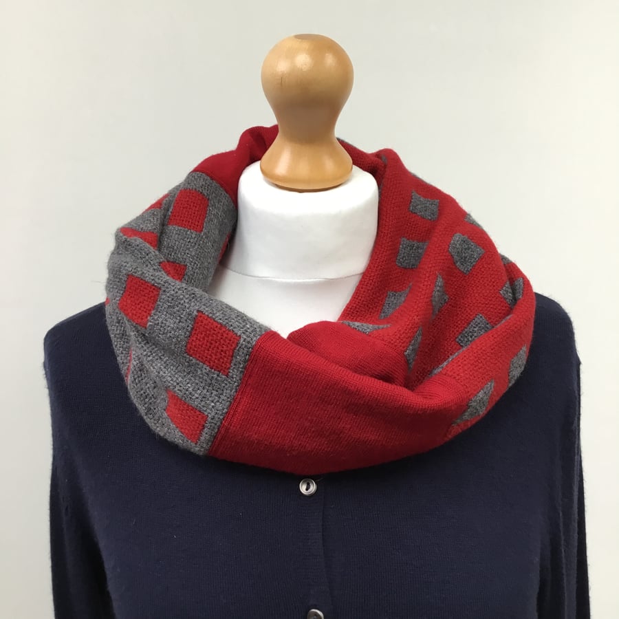 Handwoven cowl - woven with red and grey lambswool with merino knitted fabric