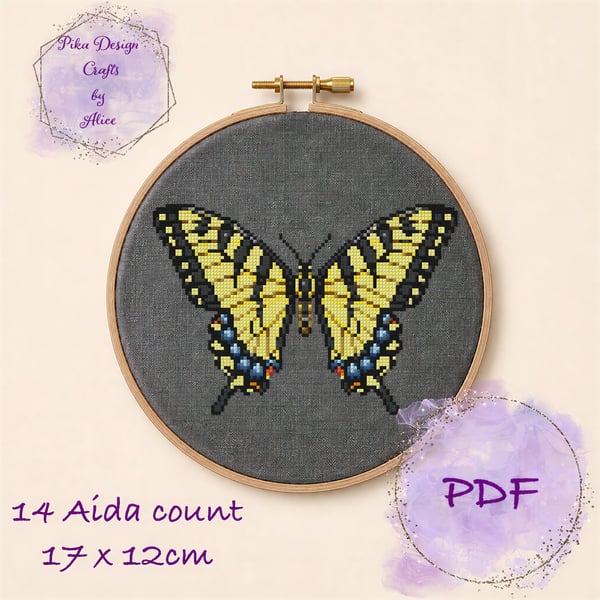 Hand drawn Tiger swallowtail butterfly counted cross stitch pattern pdf emailed