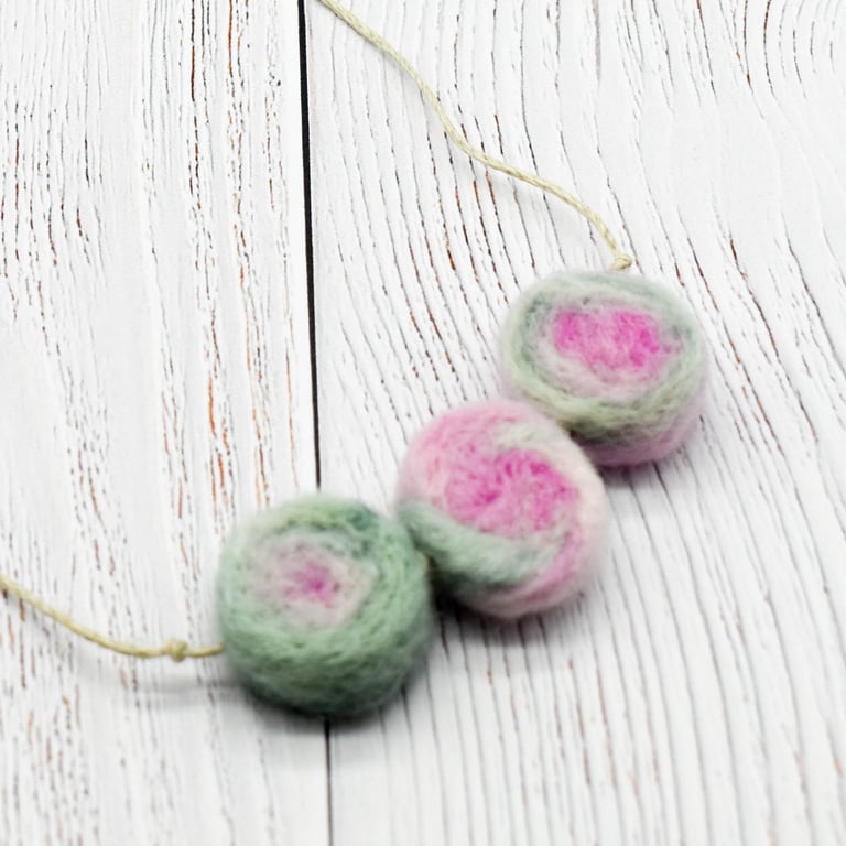 Felted bead necklace in pastels wool