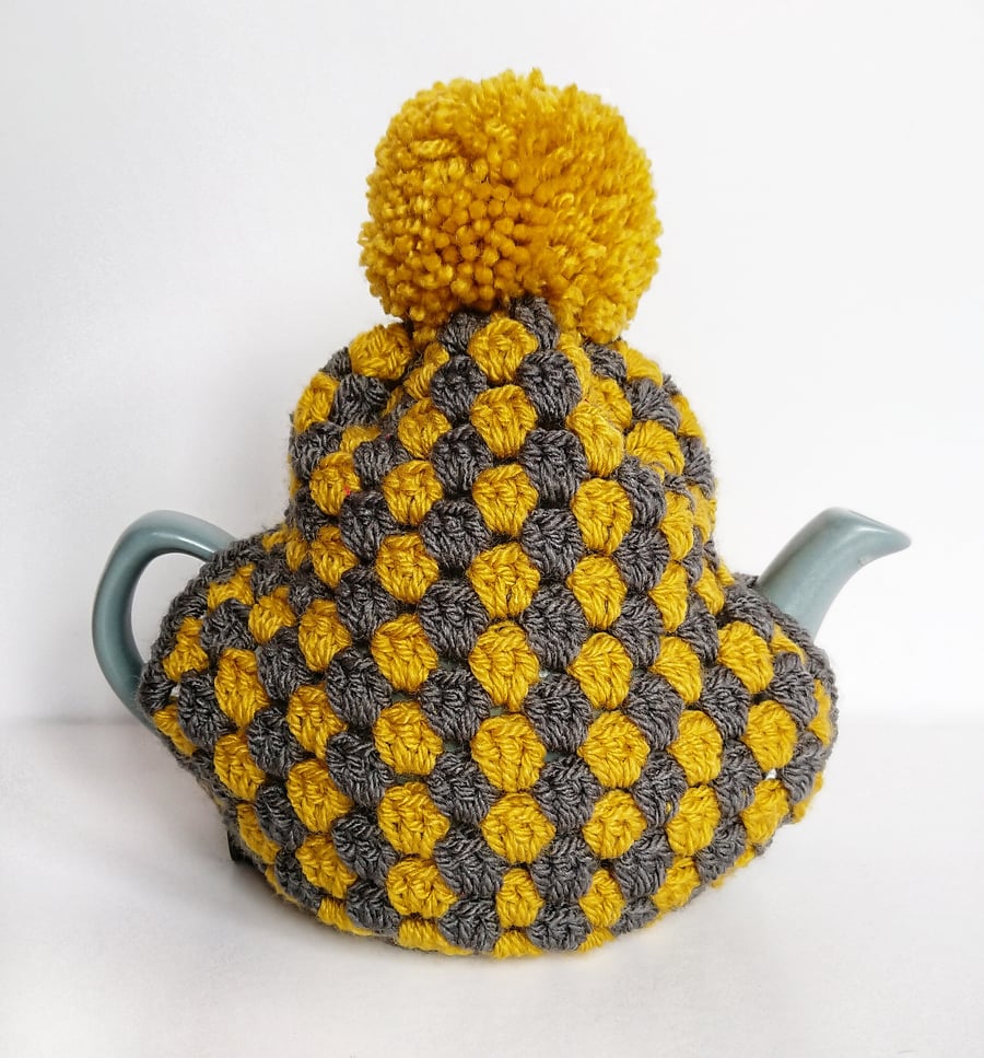 Crochet Tea Cosy with PomPom (for small teapot) - Grey & Mustard