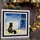 Blank Christmas Card. Black Cat. Handpainted Watercolour Keepsake Gift