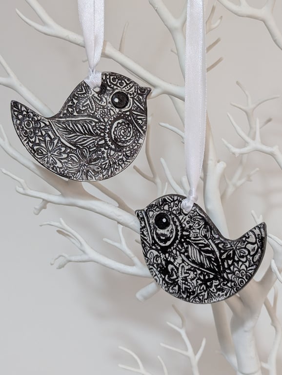Bird clay hanging decoration,  black and white, monochrome gift