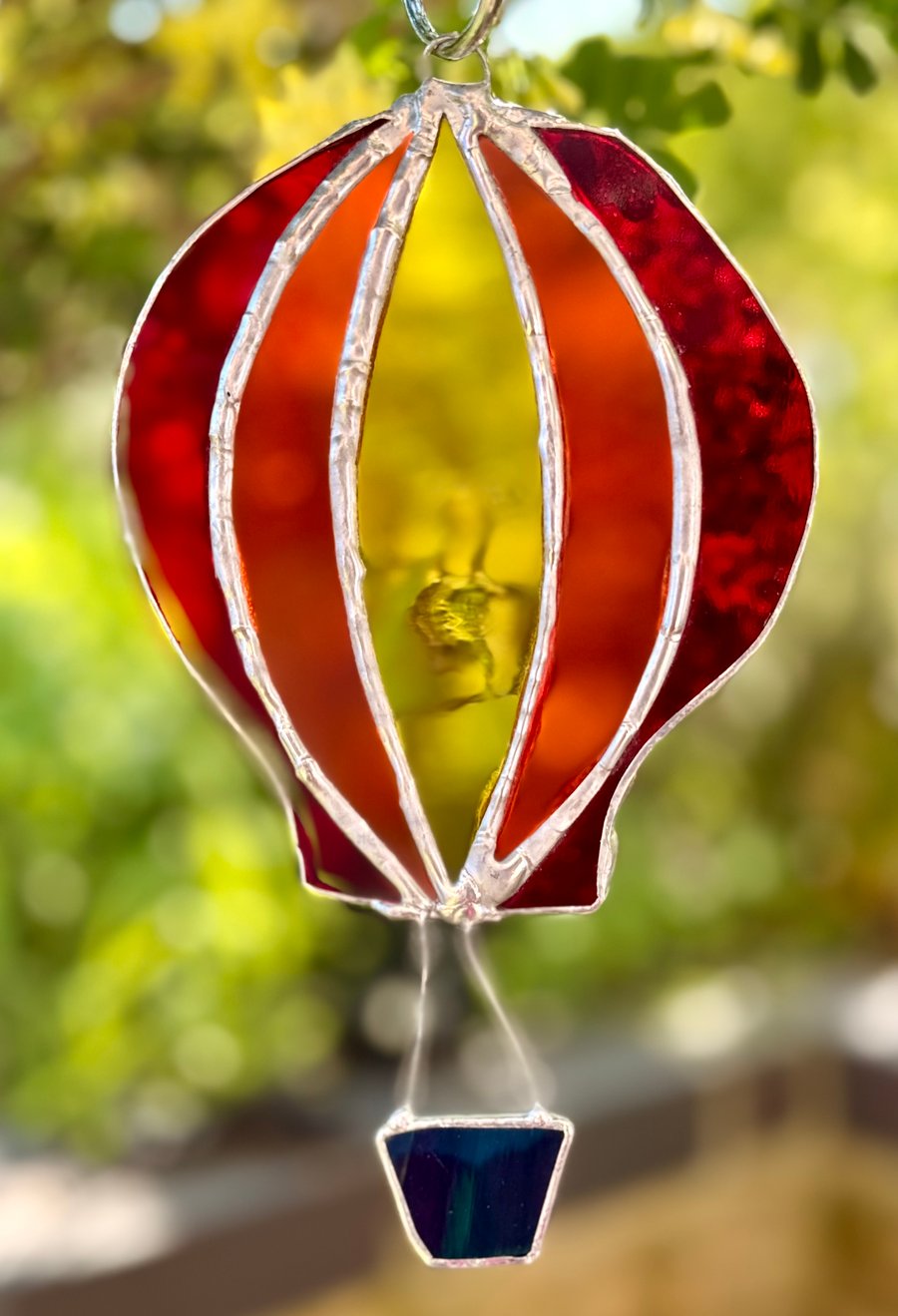 Stained Glass Hot-Air Balloon Suncatcher in red, orange and yellow
