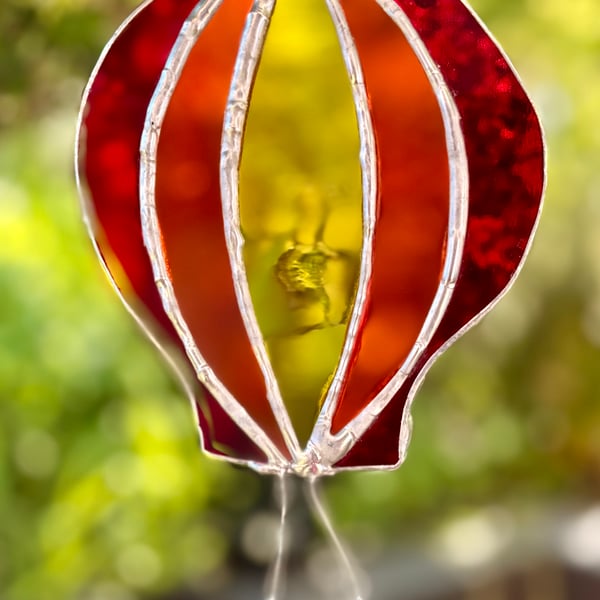 Stained Glass Hot-Air Balloon Suncatcher in red, orange and yellow