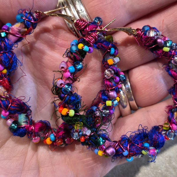 Fabric, Wire and Bead Wrapped Earrings 