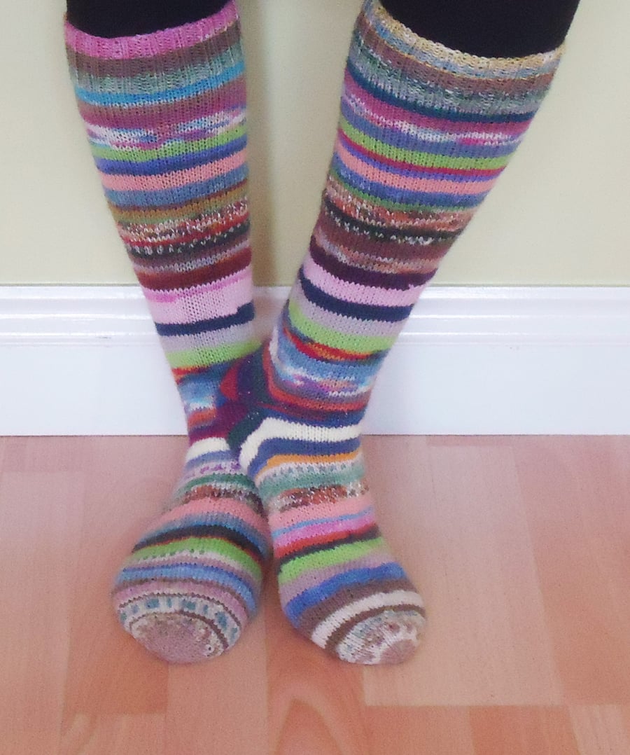 Women Long Socks, Hand Knit Long Socks, Crazy Srappy Women Socks, Multicolored S