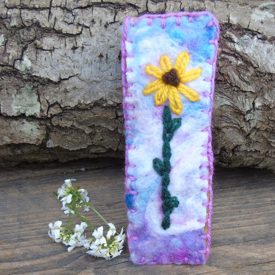 Hand stitched book mark Wet felted base, embroidered flower, wool fabric reverse