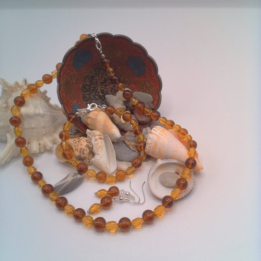 Amber Crystal and Topaz Glass Bead Necklace Bracelet and Earrings, Gift for Her