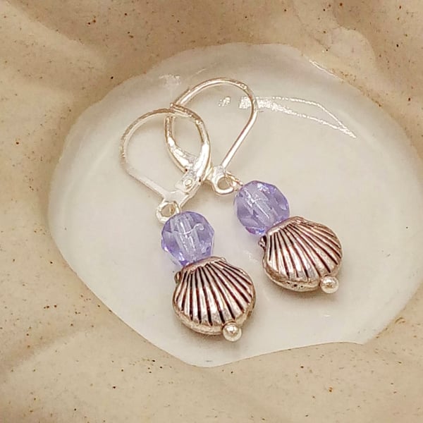 Clam Shell Charm and Lilac Glass Crystal Lever Back Earrings, Gift for Her