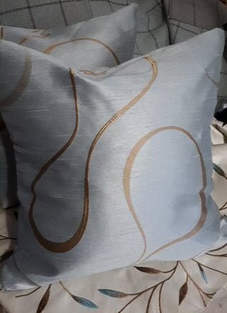 A stunning pair (2) of Teal & Gold Swirl Cushion Covers: Faux Silk 16" Square