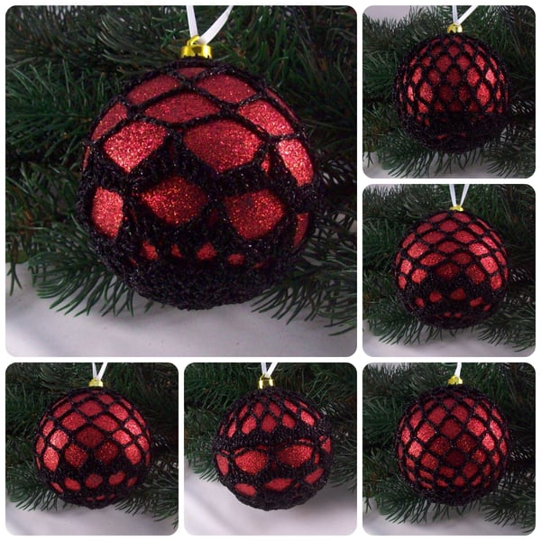 Christmas baubles boxed set of 6 large decorated with crochet lace (A14)