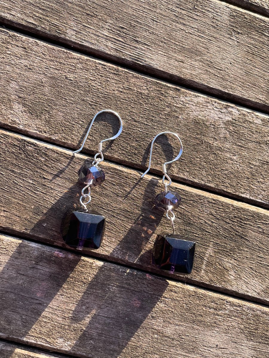Purple glass beaded sterling silver earring