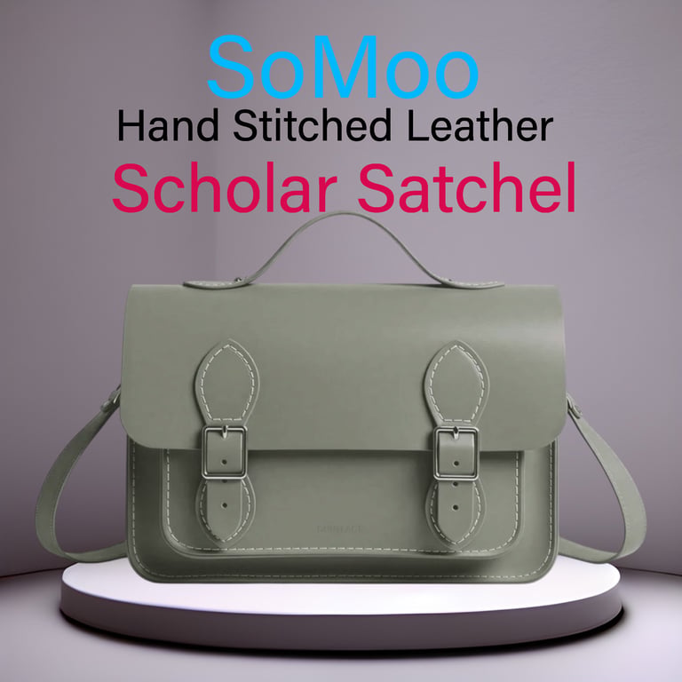 Hand stitched leather satchel in green moss colour way 