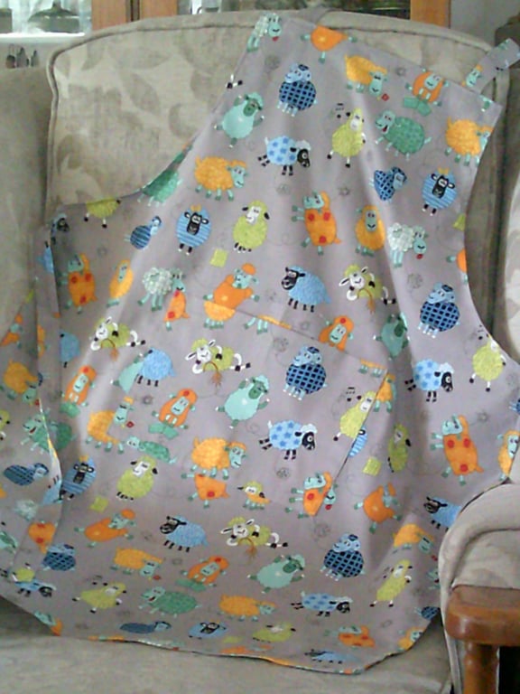 Adult Apron with Multi Coloured Sheep on a Grey Background