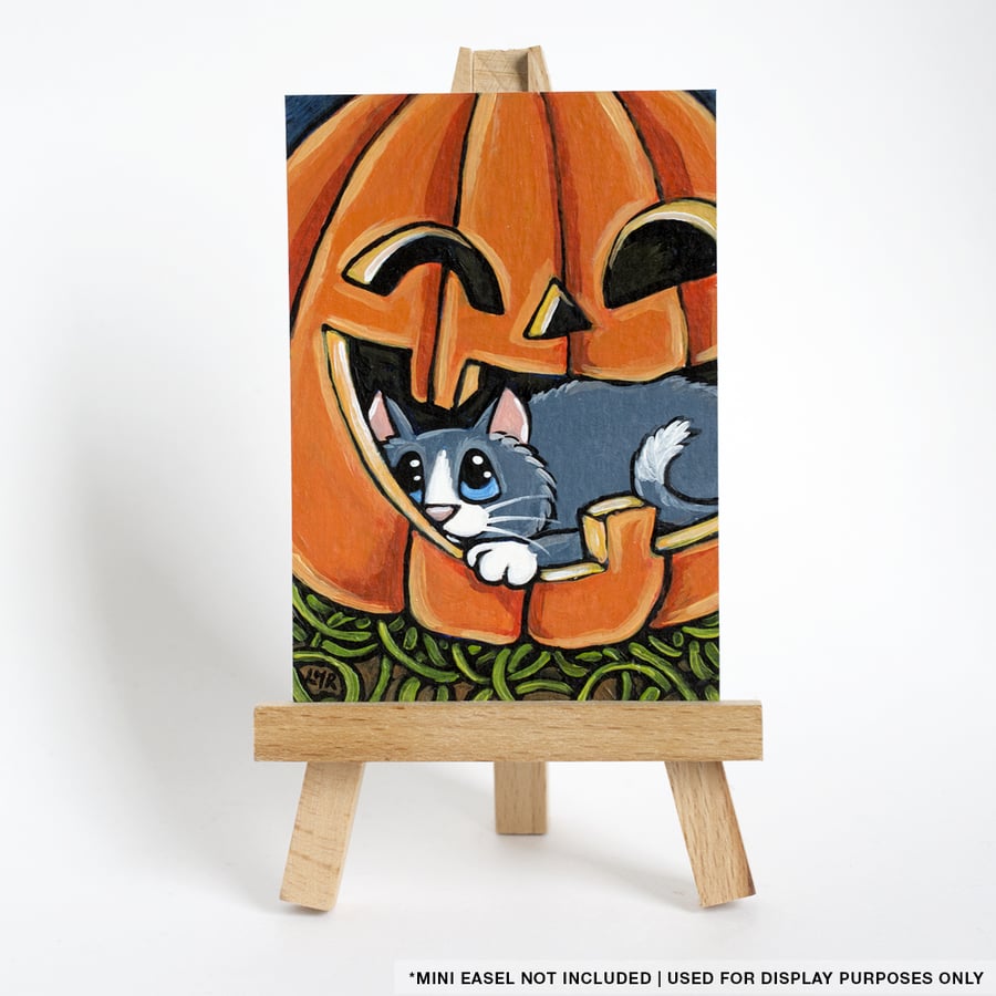 Original ACEO Painting - Grey Cat in Pumpkin - Whimsical Cat Art