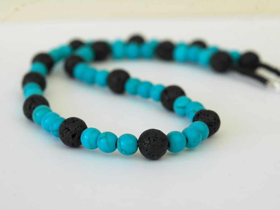 Turquoise and Black Lava Rock Beaded Necklace with Silver Clasp