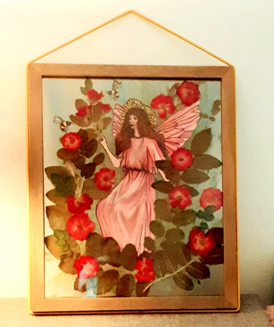 "The Wild Rose Fairy" hand drawn illustration with pressed wild roses