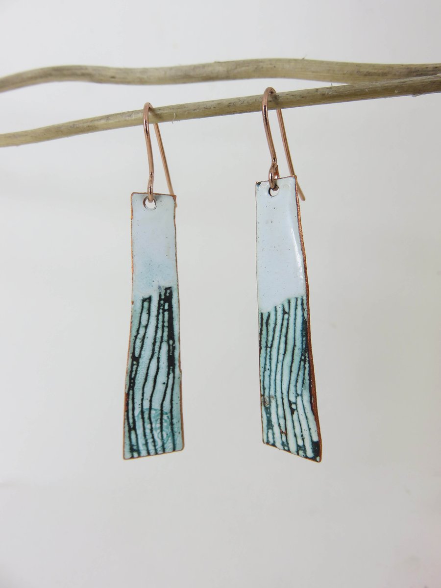 White and Jade Dangle Copper Enamel Earrings with Drawn Detail