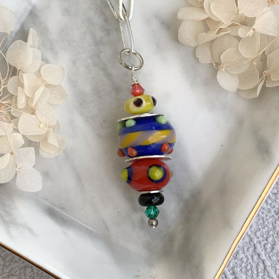 Boho Lampwork Glass and Silver Pendant