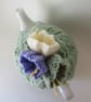 Tea cosy tea cosie - knitted pastel green with crocus flowers - Image 3