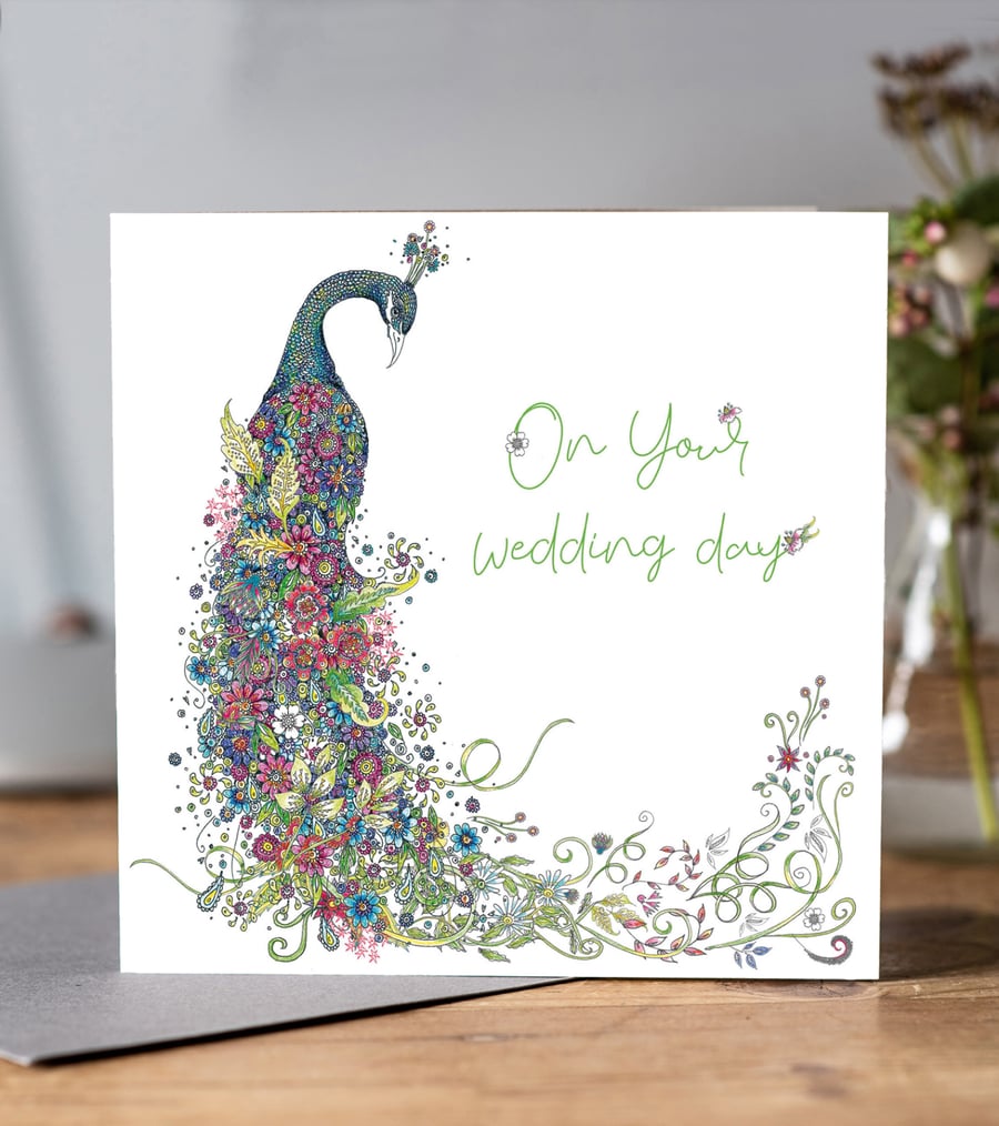 Botanical Peacock Wedding day card 