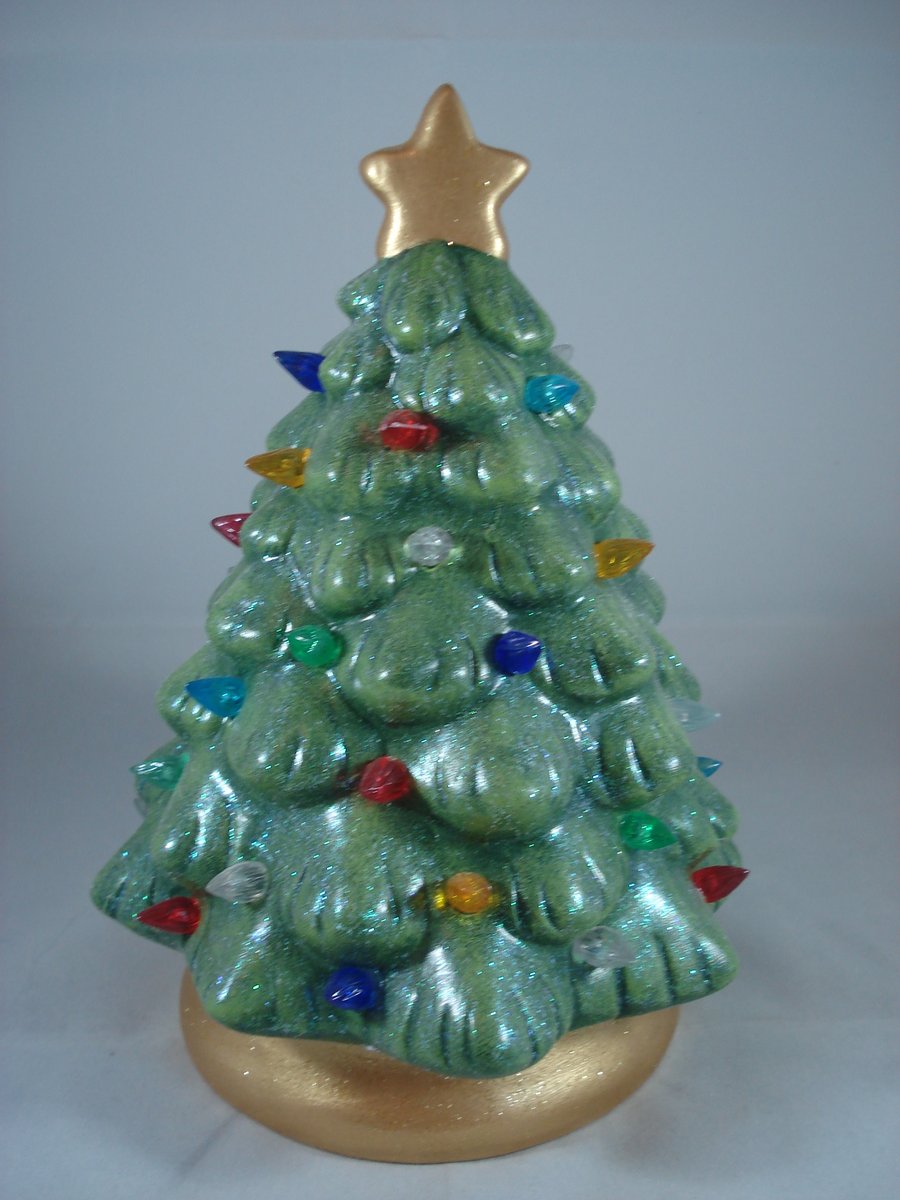 Green Ceramic Xmas Christmas Tree Tea Light Candle Holder Ornament Decoration.