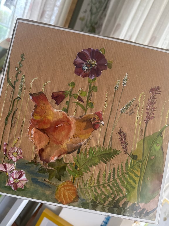 Dorothy Hen and Hollyhock on Brown. Giclee Art Print 