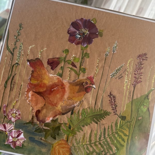 Dorothy Hen and Hollyhock on Brown. Giclee Art Print 