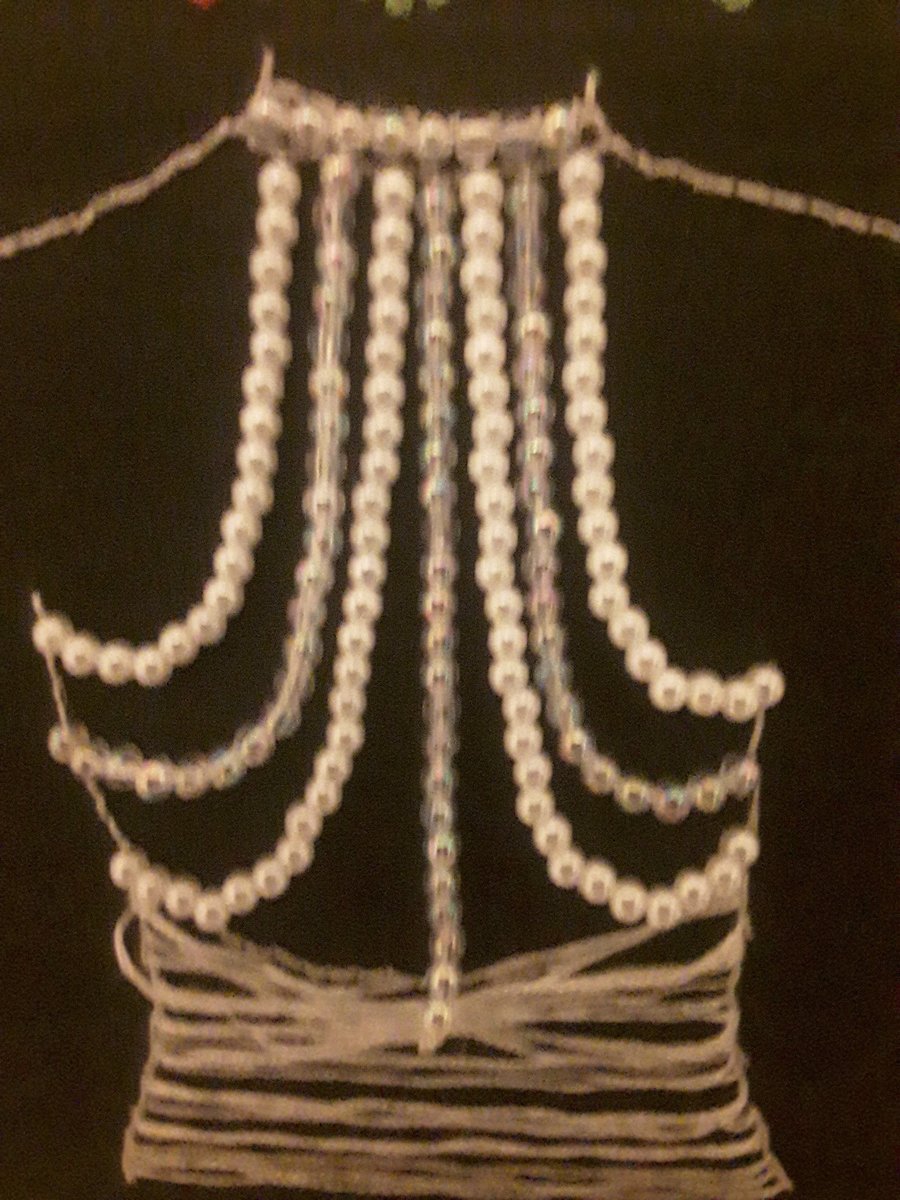 A 21x21cm embroidere canvas art picture of the beaded back of a glamorous dress.