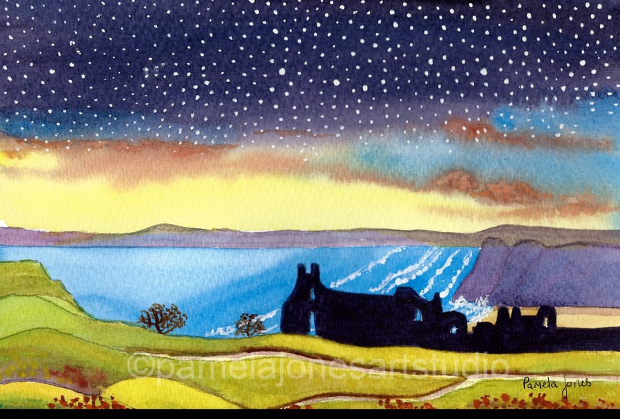Watercolour Print, Starry Sky, Pennard Castle, Gower, Wales in 8 x 6'' Mount