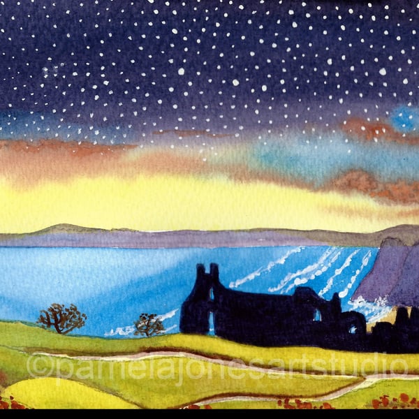 Watercolour Print, Starry Sky, Pennard Castle, Gower, Wales in 8 x 6'' Mount