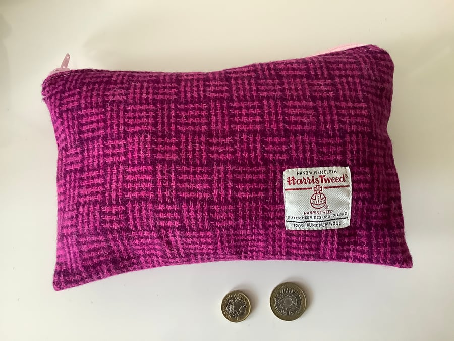 Cerise and Burgandy check Harris Tweed Bag  ,Zip pouch