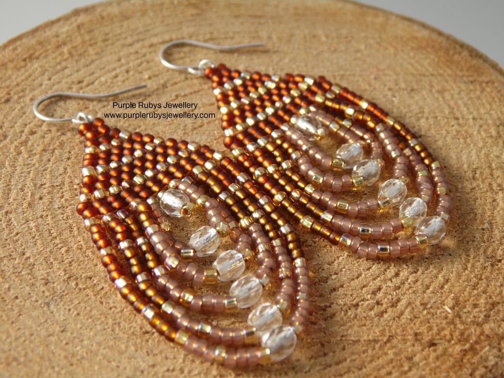 Gold, Bronze & Copper Beaded Teardrop Earrings E547