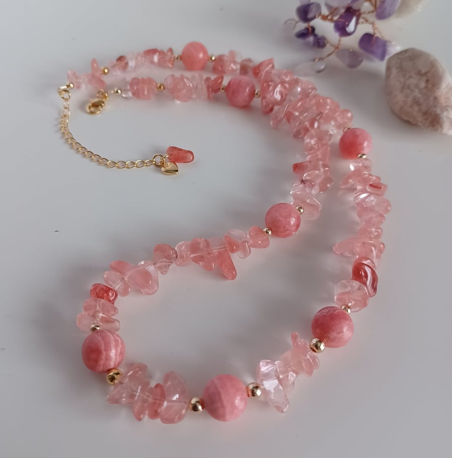 Blush Pink Strawberry Quartz & Rhodochrosite Choker, Handmade Gemstone Necklace