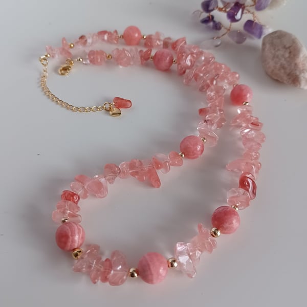 Blush Pink Strawberry Quartz & Rhodochrosite Choker, Handmade Gemstone Necklace