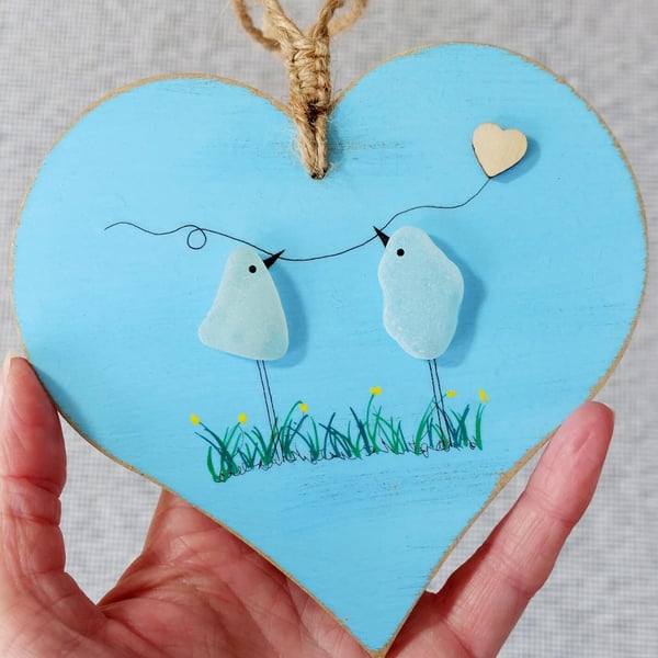 Sea Glass Lovebirds Hanging Heart Decoration, Gifts for Loved Ones