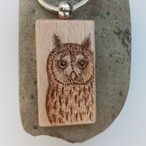 Long eared owl pyrography keyring 