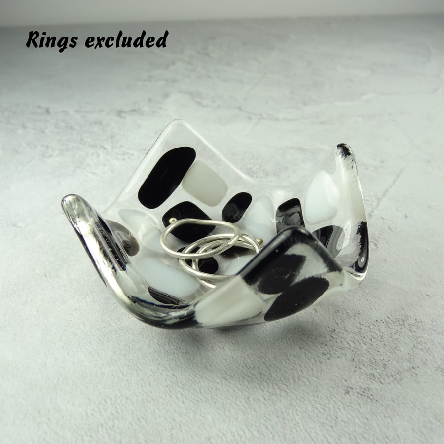Black and white mosaic fused glass trinket dish, rings, earrings, 6.5cm approx